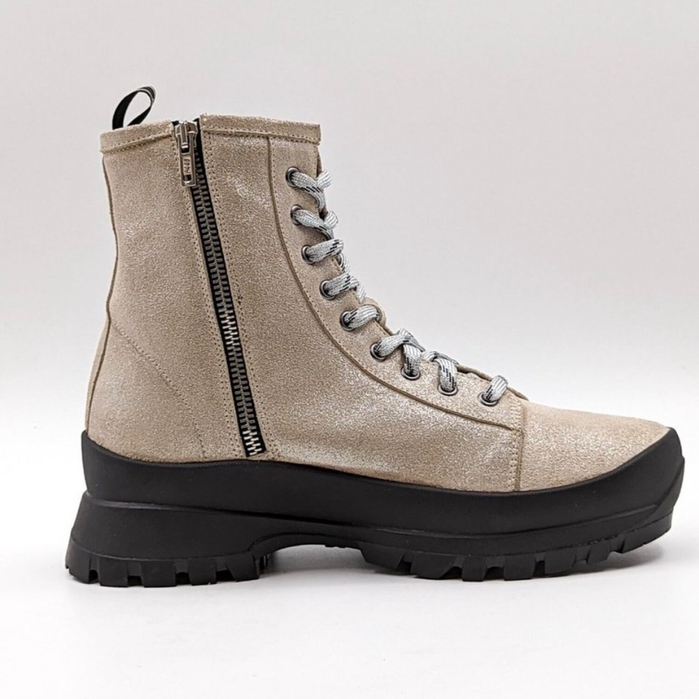P448 Denise Beige Glitter Vibram Platform Lace-up Combat Boots 37 EU 7 US